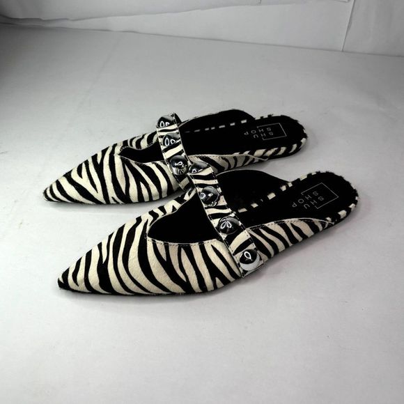 Shu Shop Alma Leather Zebra Hair Mules Ballerina Silver Pointed Toe Womens - Picture 2 of 10
